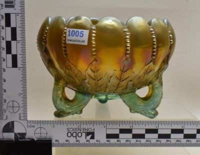 Carnival Glass Leaf and Beads (Northwood) 3.5"h rose bowl, aqua opal. - 3