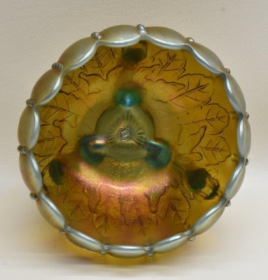 Carnival Glass Leaf and Beads (Northwood) 3.5"h rose bowl, aqua opal. - 4