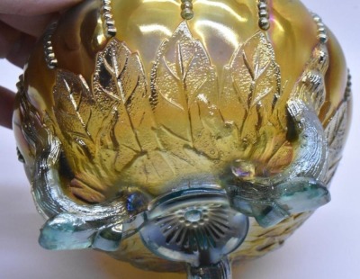 Carnival Glass Leaf and Beads (Northwood) 3.5"h rose bowl, aqua opal. - 6