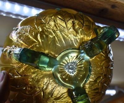 Carnival Glass Leaf and Beads (Northwood) 3.5"h rose bowl, aqua opal. - 7