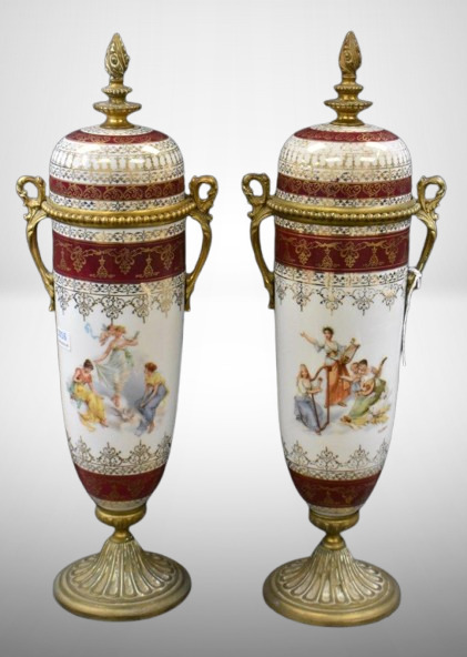 Pair of French Victorian porcelain and brass 16.5" urns w/ lid