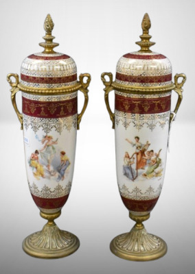 Pair of French Victorian porcelain and brass 16.5" urns w/ lid