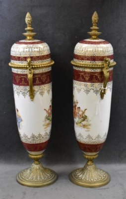 Pair of French Victorian porcelain and brass 16.5" urns w/ lid - 4