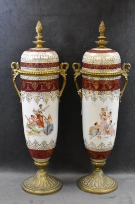 Pair of French Victorian porcelain and brass 16.5" urns w/ lid - 5