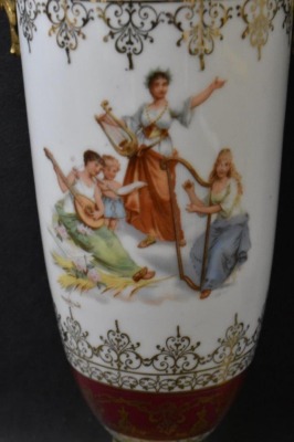 Pair of French Victorian porcelain and brass 16.5" urns w/ lid - 6