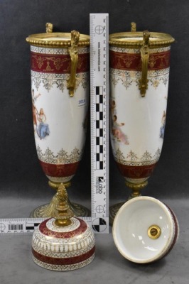 Pair of French Victorian porcelain and brass 16.5" urns w/ lid - 9