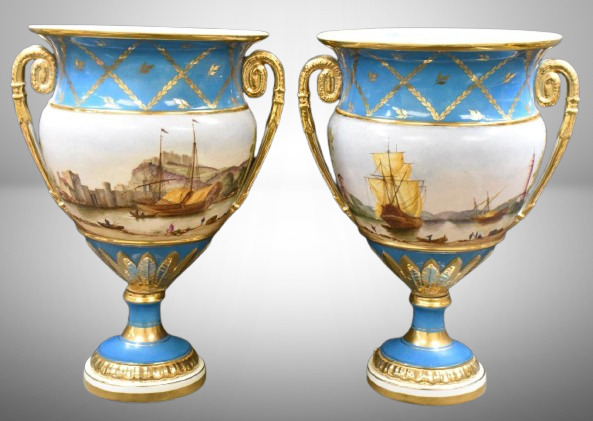 (2) Serves 15.5" mantel urns w/ pretty French ship paintings, old mark