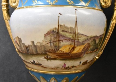 (2) Serves 15.5" mantel urns w/ pretty French ship paintings, old mark - 2