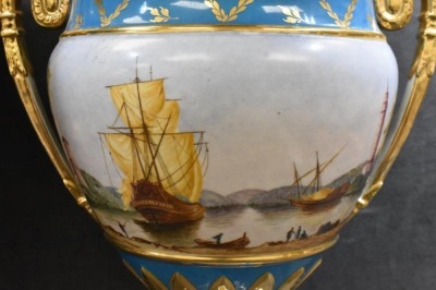 (2) Serves 15.5" mantel urns w/ pretty French ship paintings, old mark - 3