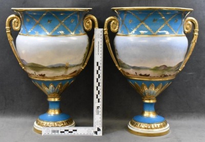(2) Serves 15.5" mantel urns w/ pretty French ship paintings, old mark - 5