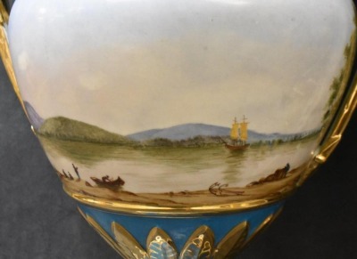 (2) Serves 15.5" mantel urns w/ pretty French ship paintings, old mark - 6
