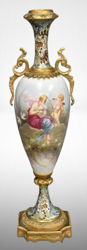 Handpainted 19th Century Sevres porcelain and cloisonne 15" urn