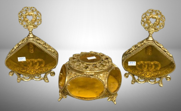 3 pc. Gold metal ormolu filigree dresser set: large jewelry box and (2) perfume bottles