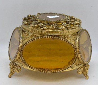 3 pc. Gold metal ormolu filigree dresser set: large jewelry box and (2) perfume bottles - 2