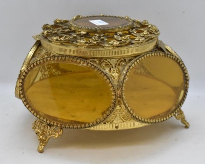 3 pc. Gold metal ormolu filigree dresser set: large jewelry box and (2) perfume bottles - 3