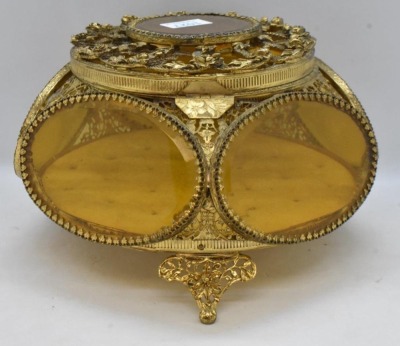 3 pc. Gold metal ormolu filigree dresser set: large jewelry box and (2) perfume bottles - 4