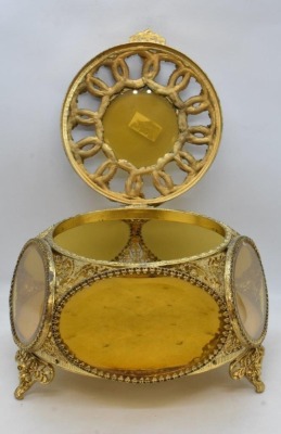 3 pc. Gold metal ormolu filigree dresser set: large jewelry box and (2) perfume bottles - 6