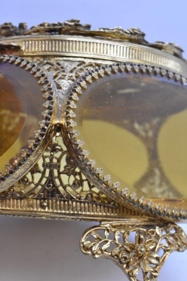 3 pc. Gold metal ormolu filigree dresser set: large jewelry box and (2) perfume bottles - 10