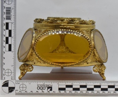 3 pc. Gold metal ormolu filigree dresser set: large jewelry box and (2) perfume bottles - 11