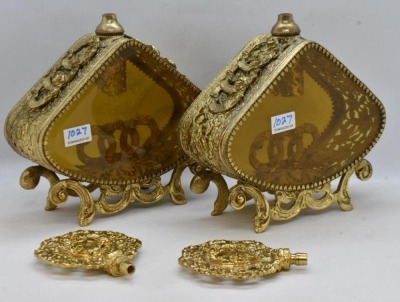 3 pc. Gold metal ormolu filigree dresser set: large jewelry box and (2) perfume bottles - 16