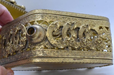 3 pc. Gold metal ormolu filigree dresser set: large jewelry box and (2) perfume bottles - 17