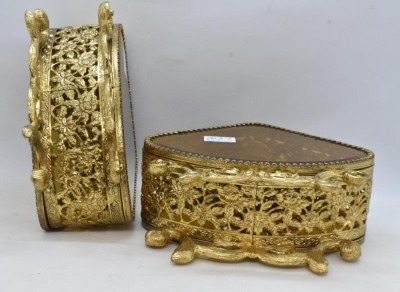 3 pc. Gold metal ormolu filigree dresser set: large jewelry box and (2) perfume bottles - 20