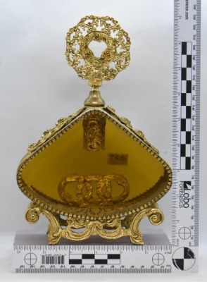 3 pc. Gold metal ormolu filigree dresser set: large jewelry box and (2) perfume bottles - 21