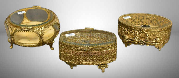 (3) Gold metal ormolu filigree jewelry boxes, various sizes