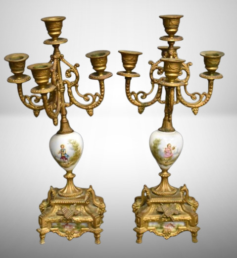 Pair of 5-lite 16" tall brass candelabras w/ handpainted porcelain accents