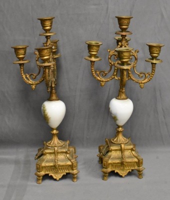 Pair of 5-lite 16" tall brass candelabras w/ handpainted porcelain accents - 2