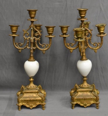 Pair of 5-lite 16" tall brass candelabras w/ handpainted porcelain accents - 3