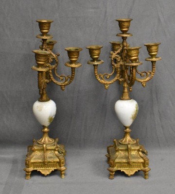 Pair of 5-lite 16" tall brass candelabras w/ handpainted porcelain accents - 4