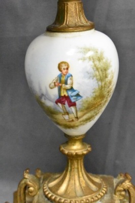 Pair of 5-lite 16" tall brass candelabras w/ handpainted porcelain accents - 5