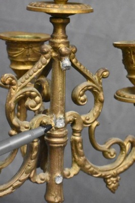 Pair of 5-lite 16" tall brass candelabras w/ handpainted porcelain accents - 8