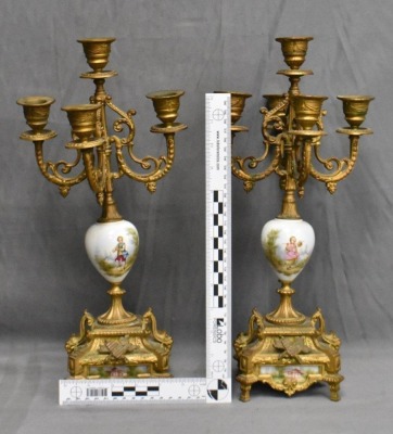 Pair of 5-lite 16" tall brass candelabras w/ handpainted porcelain accents - 13