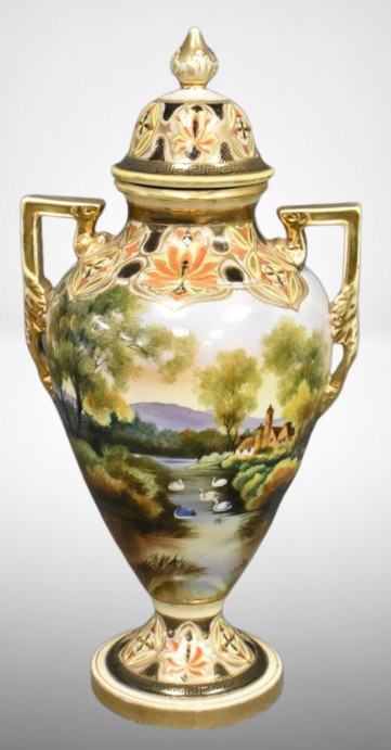 Mrkd. Noritake 17"t dbl. handled urn w/ lid, colorful landscape scene