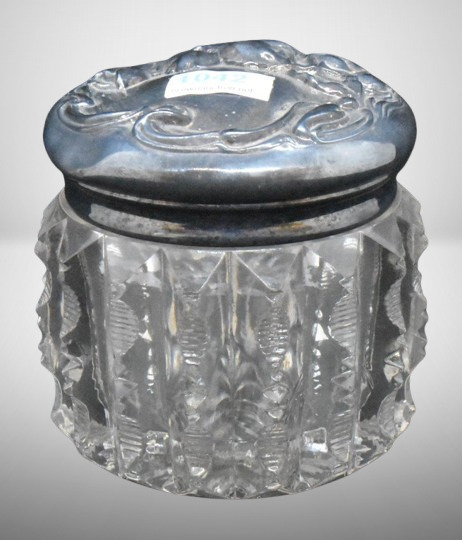 American Brilliant Cut Glass 3"h x 3"d vanity jar w/ embossed silver lid