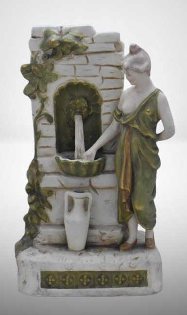 Royal Dux 9" figurine, lady w/ vessel at water fountain, pink triangle + additional marks