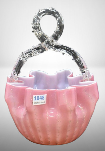 Bohemian Art Glass pink basket w/ mica flecks