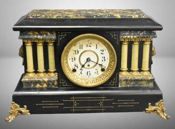 Seth Thomas black mantle ftd. clock, lion head handles