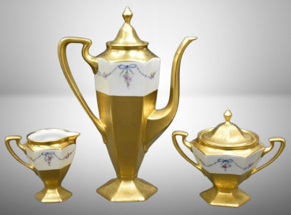 5 pc. Pickard coffee set w/ HP basket of flowers