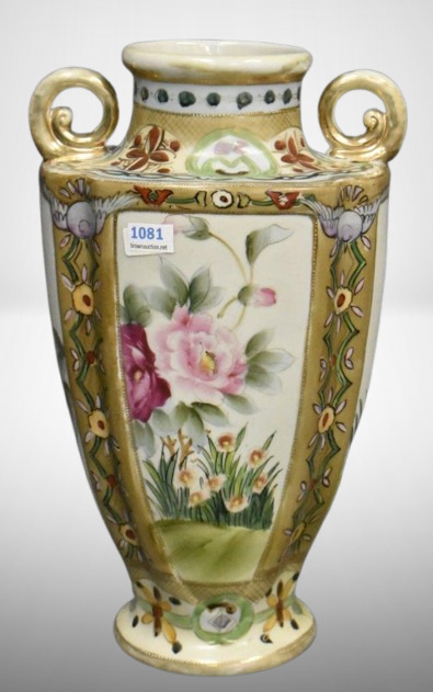 Mrkd. Nippon 12" dbl. handled vase, all over floral decorations