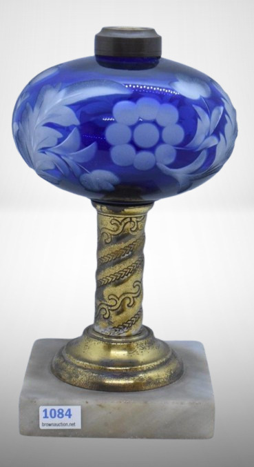 Cobalt cut-to-clear 8" kerosene lamp stand on marble base