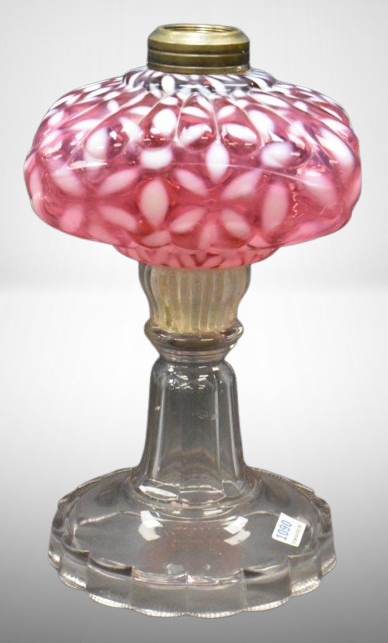 Hobbs No. 341/ Snowflake cranberry opalescent kerosene stand lamp