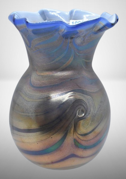 Art Glass 6"h vase, golden brown w/ blue swirl designs