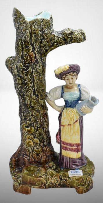 Majolica-style figural 12"h vase w/ peasant girl going for water