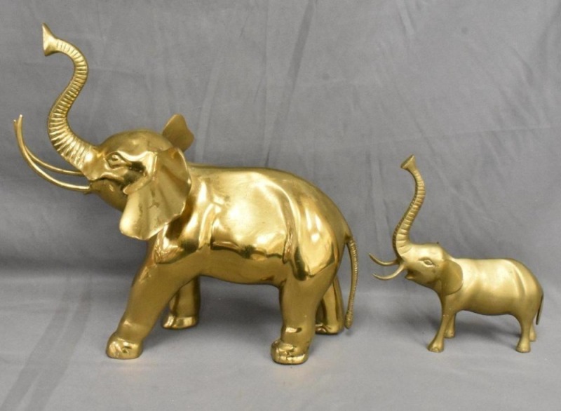 (2) Brass elephant sculptures: 1-meas. 15"h x 17"l; 1-meas. 8.5"h x 8"l