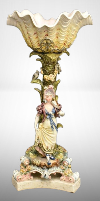 Majolica 25"t figural compote/ planter