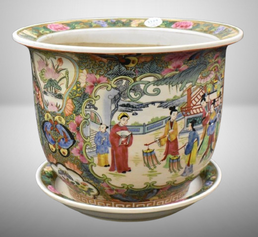 Oriental Rose Medallion 8"h x 11"d planter w/ saucer