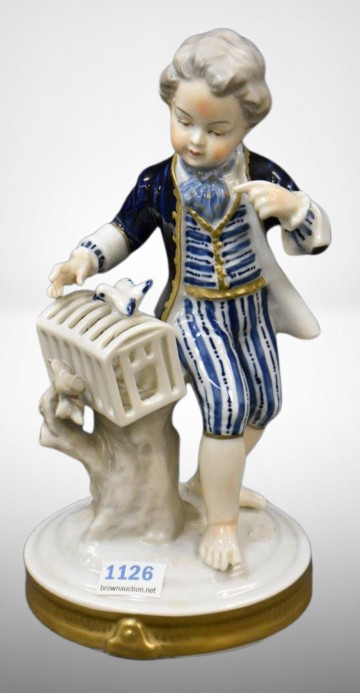 Mrkd. Unterweissbach (German) 7" figurine, barefoot boy w/ bird